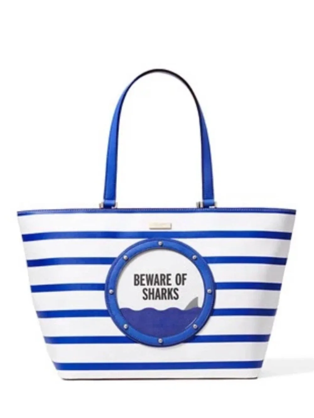 Kate Spade Beware of Sharks Jules Tote Bag Port Hole Nautical Blue Stripe BEACH